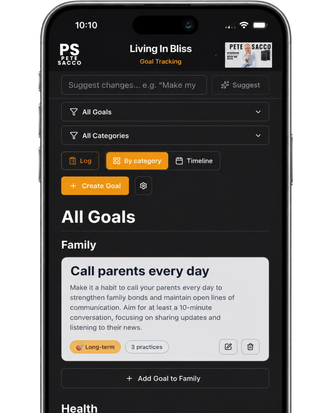 Bliss Tracker goals organized by life category
